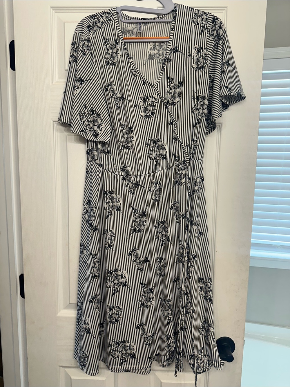 Piphany Black & White Striped Floral Midi Wrap Dress